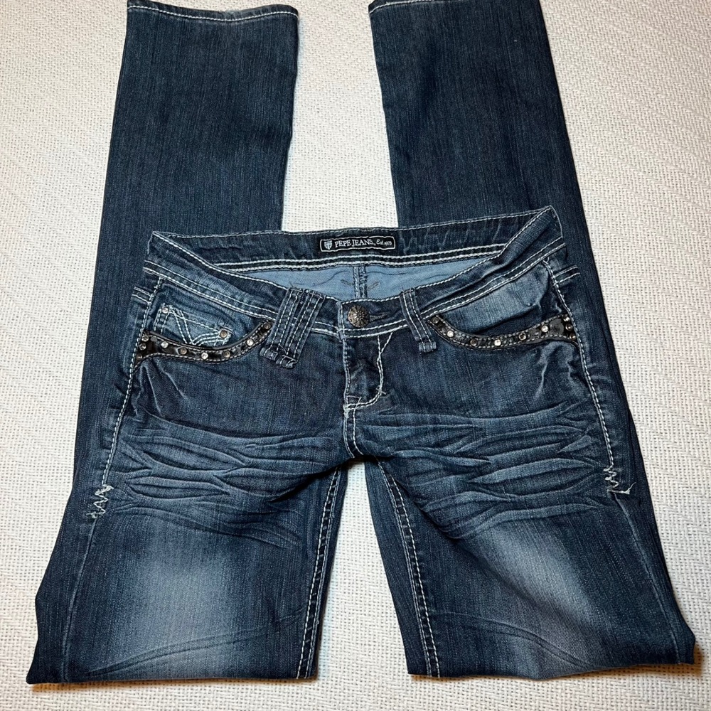 Pepe Jeans Y2K Low Rise Slim Bootcut Rhinestone Vintage 2000s Jeans 28